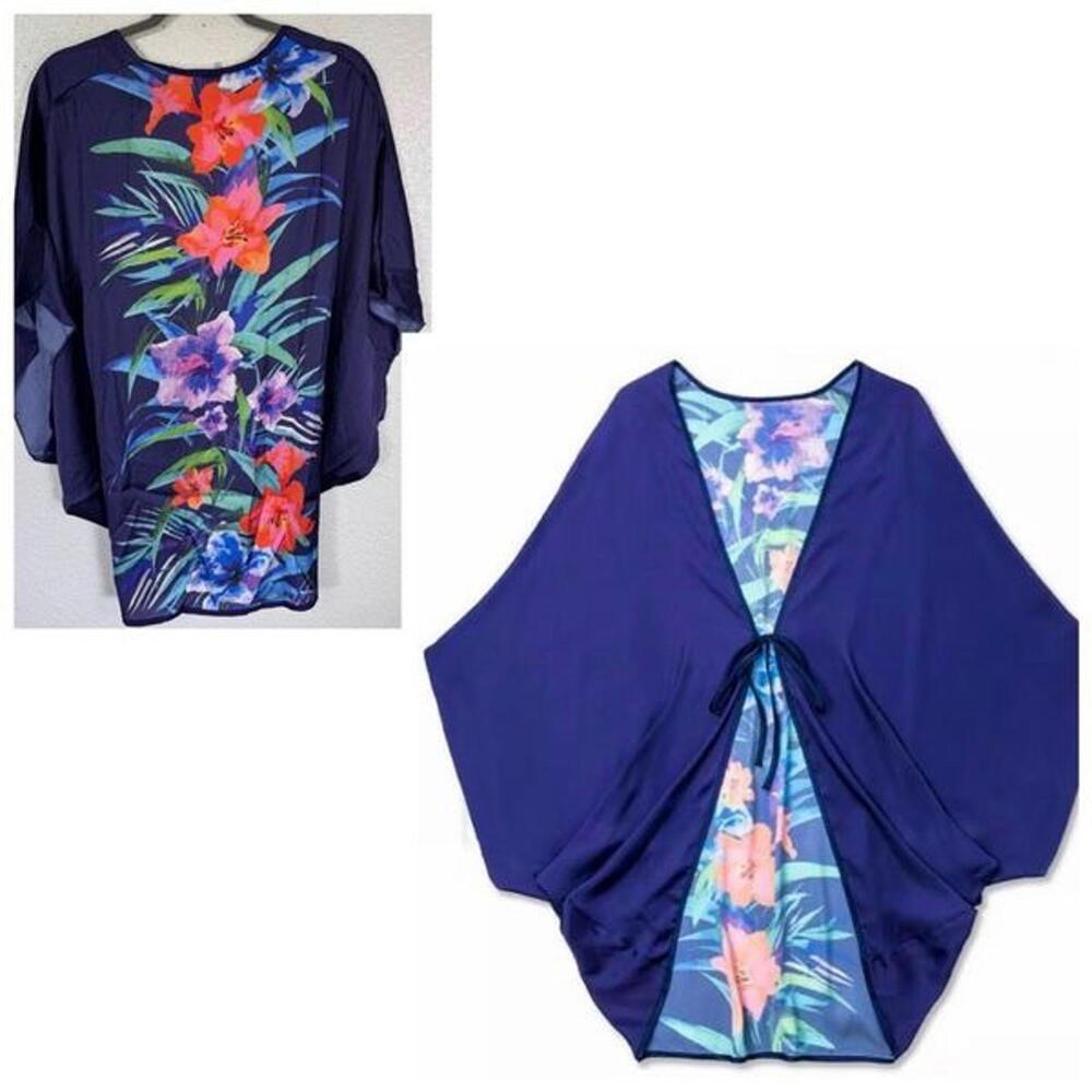 WET Kimono BOHO Tropical Kalani Tie Front Cover-up Navy Floral (XS/S)
